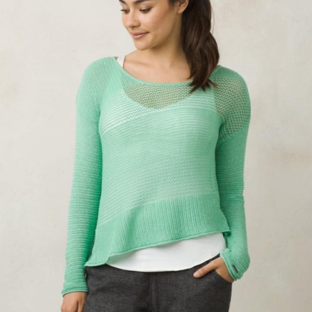 PRANA Mint Green Knit Asymmetrical Long Sleeve Boho Beachy Top Size Medium